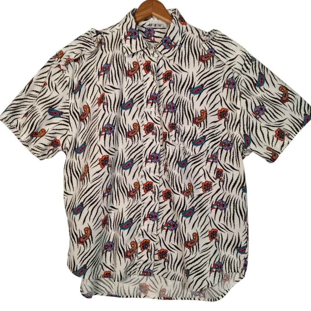 Vintage 1980s Khazana Blouse Shirt Medium Zebra Print Paisley Safari Short Slv